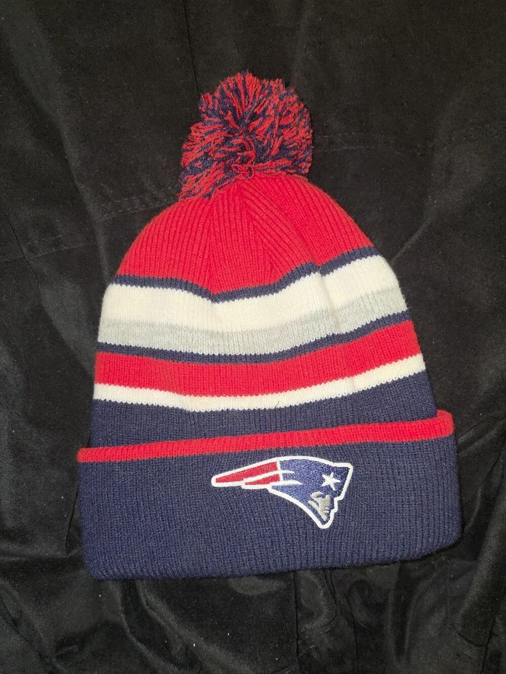 Youth Unisex Patriots Skully Pom Pom Knit Beanie - Red, White & Navy